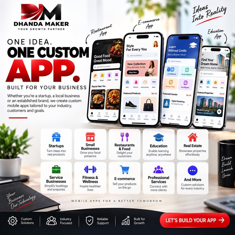 May include: A promotional graphic for Dhanda Maker featuring four smartphones displaying app interfaces for restaurants, e-commerce, education, and real estate. The text includes One Idea. One Custom App. Built For Your Business and Let's Build Your App.