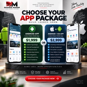 May include: A promotional graphic for Dhanda Maker mobile app development services. It displays two smartphone mockups showing app interfaces, with pricing packages of $1,999 for Android and $2,999 for Android plus iOS, featuring lists of included services.