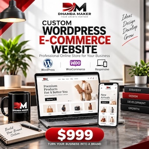 Pode incluir: Um gráfico promocional da Dhanda Maker com um laptop e um smartphone exibindo um site de comércio eletrônico WordPress personalizado. A imagem inclui uma caneca preta com o logotipo da Dhanda Maker, um caderno e uma pilha de livros rotulados como Strategy, Design, Development, Growth.