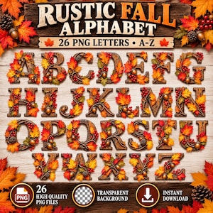Może przedstawiać: Cyfrowy zestaw graficzny zatytułowany RUSTIC FALL ALPHABET 26 PNG LETTERS A-Z zawierający litery ozdobione jesiennymi liśćmi, czerwonymi jagodami i żołędziami. Litery są ułożone w rzędach na jasnym drewnianym tle z jesiennymi akcentami.