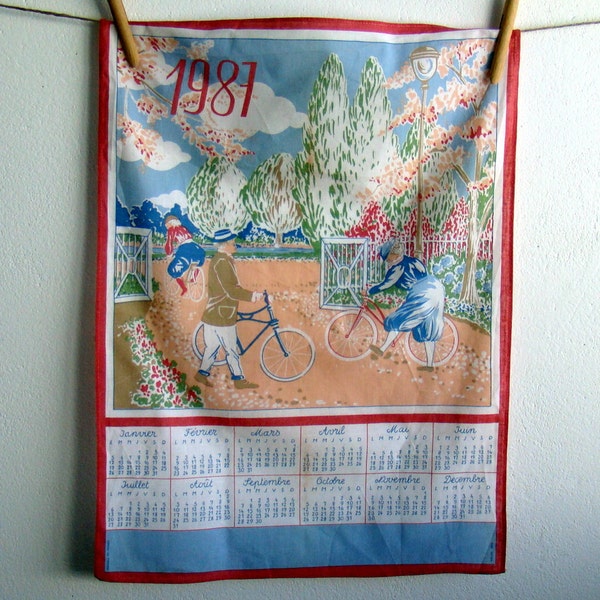 French vintage 1987 calendar tea towel - old style bikes and cyclists, 1980s kitchen towel, blue pink red