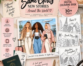 Libro digital para colorear "Same Girls World" / Más de 30 páginas sobre viajes y amistad (PDF)