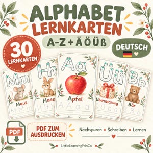 Może przedstawiać: Zestaw 30 edukacyjnych kart z alfabetem niemieckim, zawierający litery A-Z oraz przegłosy. Każda karta przedstawia literę, pasującą ilustrację, np. jabłko lub niedźwiedź, oraz linie do śledzenia. Tekst: ALPHABET LERNKARTEN oraz PDF ZUM AUSDRUCKEN.