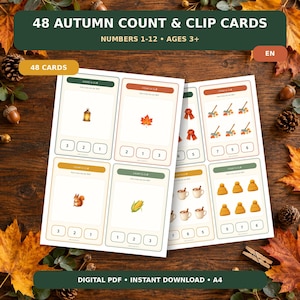 Könnte beinhalten: Ein Set aus 48 herbstlichen Zähl- und Klammerkarten im digitalen PDF-Format. Die Karten zeigen Illustrationen von saisonalen Gegenständen wie Laternen, Blättern, Eichhörnchen, Mais, Schals, Rechen, Tassen und Mützen mit Zahlen von 1 bis 12.