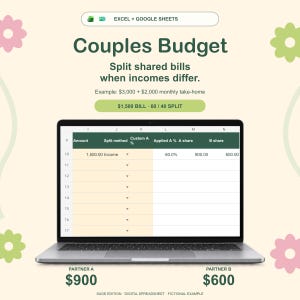 Pode incluir: Uma planilha digital para planejamento de orçamento de casais exibida na tela de um laptop. A interface mostra colunas para valor, método de divisão e cálculos de participação. O texto inclui Couples Budget, Split shared bills when incomes differ, e Partner A 900, Partner B 600. O design apresenta detalhes florais.