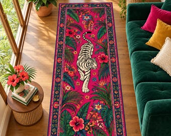 White Tiger Runner Rug, Pink Tropical Floral Rug, Maximalist Jungle Hallway Runner, Entryway Decor, Washable Non Slip Rug