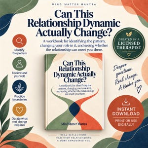 Puede incluir: Un libro de ejercicios titulado Can This Relationship Dynamic Actually Change? de Mind Matter Mantra. La portada presenta formas abstractas verdes y naranjas, texto en azul oscuro y un subtítulo sobre la identificación de patrones en relaciones.