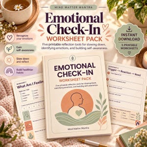 May include: An Emotional Check-In Worksheet Pack featuring a central booklet with a human silhouette graphic, surrounded by two open worksheets titled What Am I Feeling and Trigger Reaction Need, all printed on cream paper with dark text.