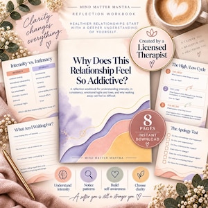 以下が含まれることがあります： Mind Matter Mantraのワークブック「Why Does This Relationship Feel So Addictive?」。紫、ピーチ、黄色の柔らかな水彩画風のデザインが特徴です。ワークブックには、強さ、親密さ、人間関係のサイクルに関するページが含まれています。