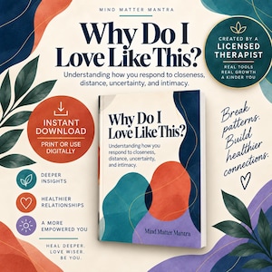 Op de afbeelding: Een boek getiteld Why Do I Love Like This? Understanding how you respond to closeness, distance, uncertainty, and intimacy. De kaft bevat abstracte vormen in marineblauw, teal, oranje en paars met de tekst Mind Matter Mantra.