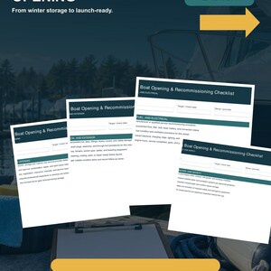 May include: A set of white paper checklists titled Boat Opening & Recommissioning Checklist with sections for fuel, electrical, water, and safety. The documents feature dark teal headers and are displayed against a background with a boat.