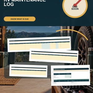 May include: An RV maintenance log digital template featuring a dark blue header with the text SERVICE CONTROL, RV MAINTENANCE LOG, and KNOW WHAT IS DUE. A circular gauge icon displays DUE SOON. Four spreadsheet views show maintenance schedules.