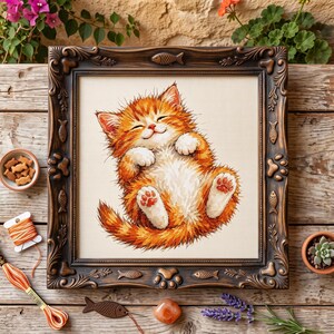 Puede incluir: Un bordado de punto de cruz de un gatito atigrado naranja y esponjoso acostado boca arriba con los ojos cerrados, en un marco de madera oscura adornado con motivos de peces y huellas, junto a hilo de bordar naranja y golosinas.