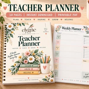 Peut inclure: Un agenda pour enseignant à reliure spirale avec une couverture crème ornée d'illustrations florales, une pile de livres marqués Learn, Grow, Belong et un mug avec des crayons. À côté se trouve une page d'agenda hebdomadaire avec des sections.