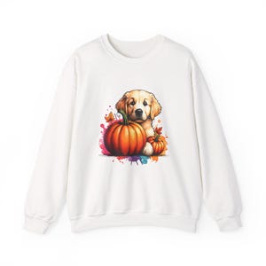 May include: A white long-sleeve sweatshirt featuring a central graphic of a golden retriever puppy sitting behind two orange pumpkins, accented by colorful paint splatters and small autumn leaves in shades of red, yellow, and orange.