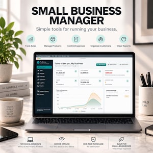 以下が含まれることがあります： Small Business Managerソフトウェアのインターフェースを表示したノートパソコン。売上、経費、利益データを示すダッシュボードが表示されています。画面にはSmall Business Manager、Track Sales、Manage Products、Control Expenses、Organize Customers、Clear Reportsのテキストがあります。このソフトウェアはmacOSとWindowsに対応し、オフラインで動作し、買い切り型です。