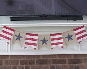 Patriotic Burlap Banner, July 4th Banner,  Stars and Stripes Banner, Independence Day Banner, Memorial Day Banner, Flag Banner