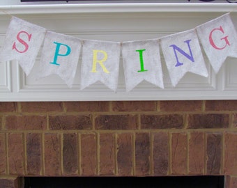 Spring Burlap Banner, Pastel Spring Banner, White Burlap Spring Banner, Easter Banner