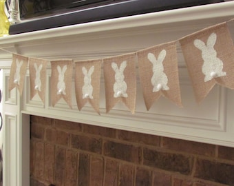 Easter Banner, Easter Burlap Banner, Spring Decorations, Pennants - Bunnies Only