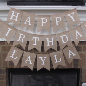 Happy Birthday Burlap Banner with Name Banner - choose font color, birthday banner, birthday decorations