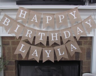 Happy Birthday Burlap Banner with Name Banner - choose font color, birthday banner, birthday decorations