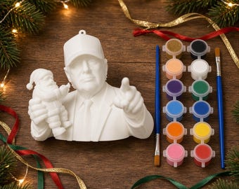 Trump Cap Ornament, Holding Tiny Santa, Paint Kit