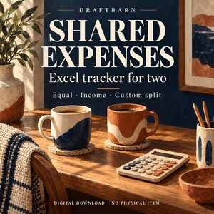 Puede incluir: Una descarga digital para un rastreador de gastos compartidos en Excel para dos, con el texto DRAFTBARN SHARED EXPENSES Excel tracker for two Equal Income Custom split. La imagen muestra dos tazas de cerámica, una calculadora y lápices.
