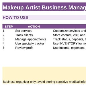 May include: A digital spreadsheet titled Makeup Artist Business Manager with a purple header. It outlines five steps for business management, including setting services, tracking clients, managing appointments, using a specialty tracker, and reviewing profit.
