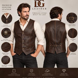 May include: A dark brown leather vest featuring a V-neck design, five antique metal buttons, two front welt pockets, and an adjustable back strap with a metal buckle. The garment displays visible stitching, a tailored fit, and a textured leather surface.