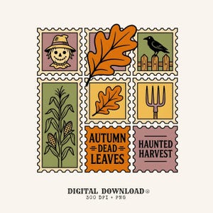 Könnte beinhalten: Ein Raster aus acht Illustrationen im Briefmarkenstil mit einer Vogelscheuche, einer Krähe auf einem Zaun, Mais, einer Heugabel und Eichenblättern. Text AUTUMN DEAD LEAVES und HAUNTED HARVEST. Unten steht DIGITAL DOWNLOAD 300 DPI + PNG.