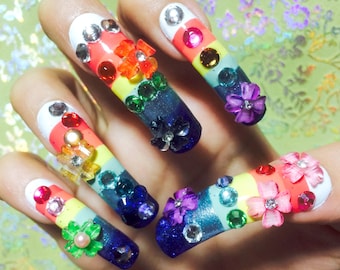 Rainbow Stripe Long Squared Kawaii Deco Gyaru Nails