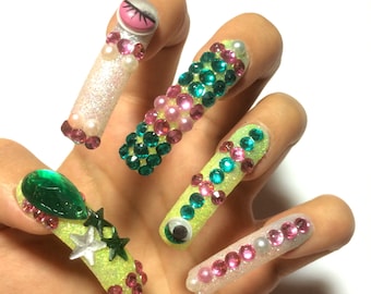Green + White Glitter Long Squared Kawaii Deco Gyaru Nails