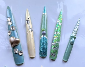 Blue + Cream Glitter Long Pointed Kawaii Deco Gyaru Nails