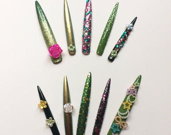 Green and pink pointed talon long kawaii decora nails