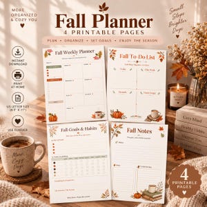 Peut inclure: Un ensemble de quatre pages de planification imprimables sur le thème de l'automne, incluant un agenda hebdomadaire, une liste de tâches, un suivi des objectifs et habitudes, et une page de notes, ornés de feuilles d'automne et de citrouilles.