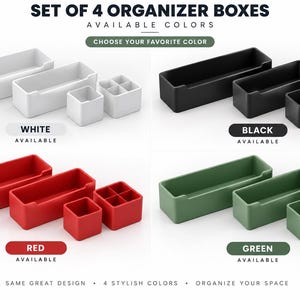 Könnte beinhalten: Ein Set aus 4 Organizer-Boxen in den Farben Weiß, Schwarz, Rot und Grün. Jedes Set enthält zwei rechteckige Schalen unterschiedlicher Länge, einen kleinen quadratischen Behälter und einen quadratischen Behälter mit vier Innenfächern.