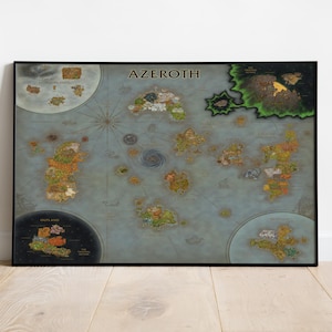 May include: A rectangular wall art print featuring a detailed map of Azeroth with the title AZEROTH centered at the top. The map displays various continents, islands, and seas, including Outland, Draenor, and the Shadowlands in circular insets.