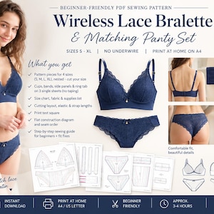 Può includere: Un cartamodello PDF per principianti per un bralette in pizzo senza ferretto e slip abbinato. Il set include istruzioni per le taglie S-XL, realizzato in pizzo e raso blu navy, con spalline regolabili e chiusura a gancetti 3x3.