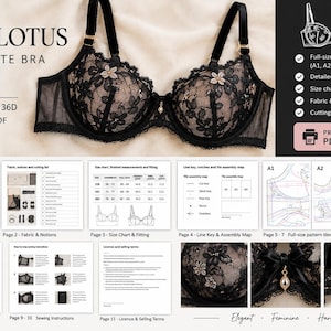May include: A Noir Lotus balconette bra sewing pattern in a print-at-home PDF format. The document includes full-size pattern tiles, detailed instructions, a size chart for 32B, 34C, and 36D, a fabric and notions list, and a cutting list.