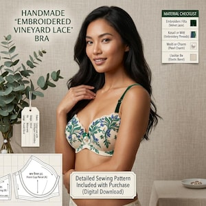 May include: A balconette bra featuring cream-colored lace with green and blue floral embroidery, dark green velvet straps, and a central pearl charm. The image includes text labels for the bra, a material checklist, and a sewing pattern diagram.