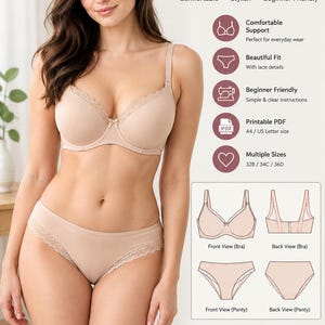 May include: A beige bra and panty set with lace trim and a small center bow. The image includes text: Bra & Panty Sewing Pattern, Comfortable, Stylish, Beginner Friendly, Printable PDF, Multiple Sizes 32B/34C/36D, and diagrams of the garment.