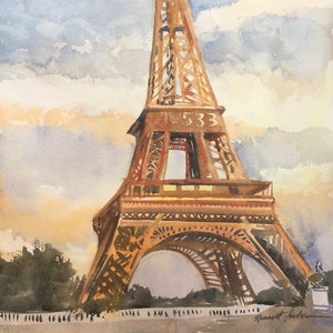 Eiffel Tower Original Watercolor, Paris France Sunset, Orange Blue, Impressionistic watercolour, French landscape painting, Paris art decor