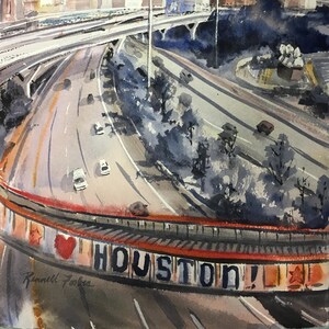 Houston Texas Print, Giclee hand signed print, Houston urban scene buildings Landscape, TX Print, Houston Print, City Scene Highway