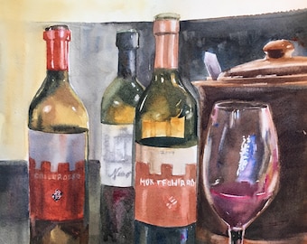 Wine Tasting Original Watercolor Still Life, glass reflections, Wine Bottles and Glasses, Italian wines, Crock, Small Italian painting