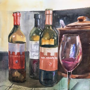 Wine Tasting Original Watercolor Still Life, glass reflections, Wine Bottles and Glasses, Italian wines, Crock, Small Italian painting image 1