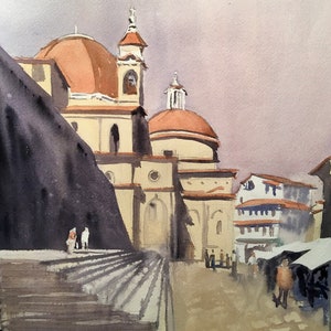 Florence Duomo Original Watercolor, Tuscany Italy, Shoppers by the Duomo, Florence Italy Landscape image 1