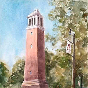 Alabama Denny Chimes Print Limited Edition, Alabama The Tower,University AL hand signed giclee print, Tuscaloosa AL print, Crimson Tide Art