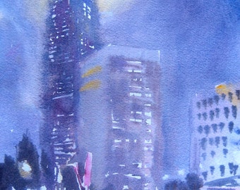 Atlanta Cityscape Giclee Print: Foggy Night Watercolor Art