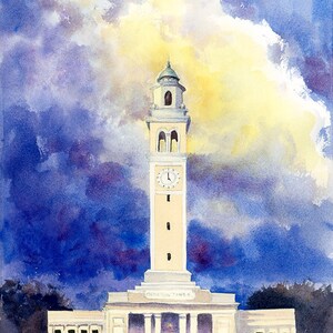 LSU Memorial Tower Acquerello originale, Louisiana State University Dipinto originale