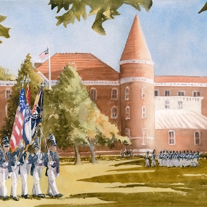 May include: A watercolor painting of a military color guard marching in front of a brick building with a tower. The color guard is holding American and military flags. The building has a red roof and white trim. The sky is blue and there are trees in the background.